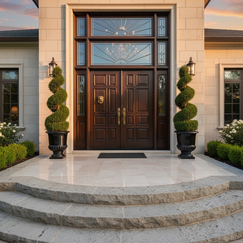 img of Grand Entryways: The Power of Symmetrical Faux Topiaries for Curb Appeal