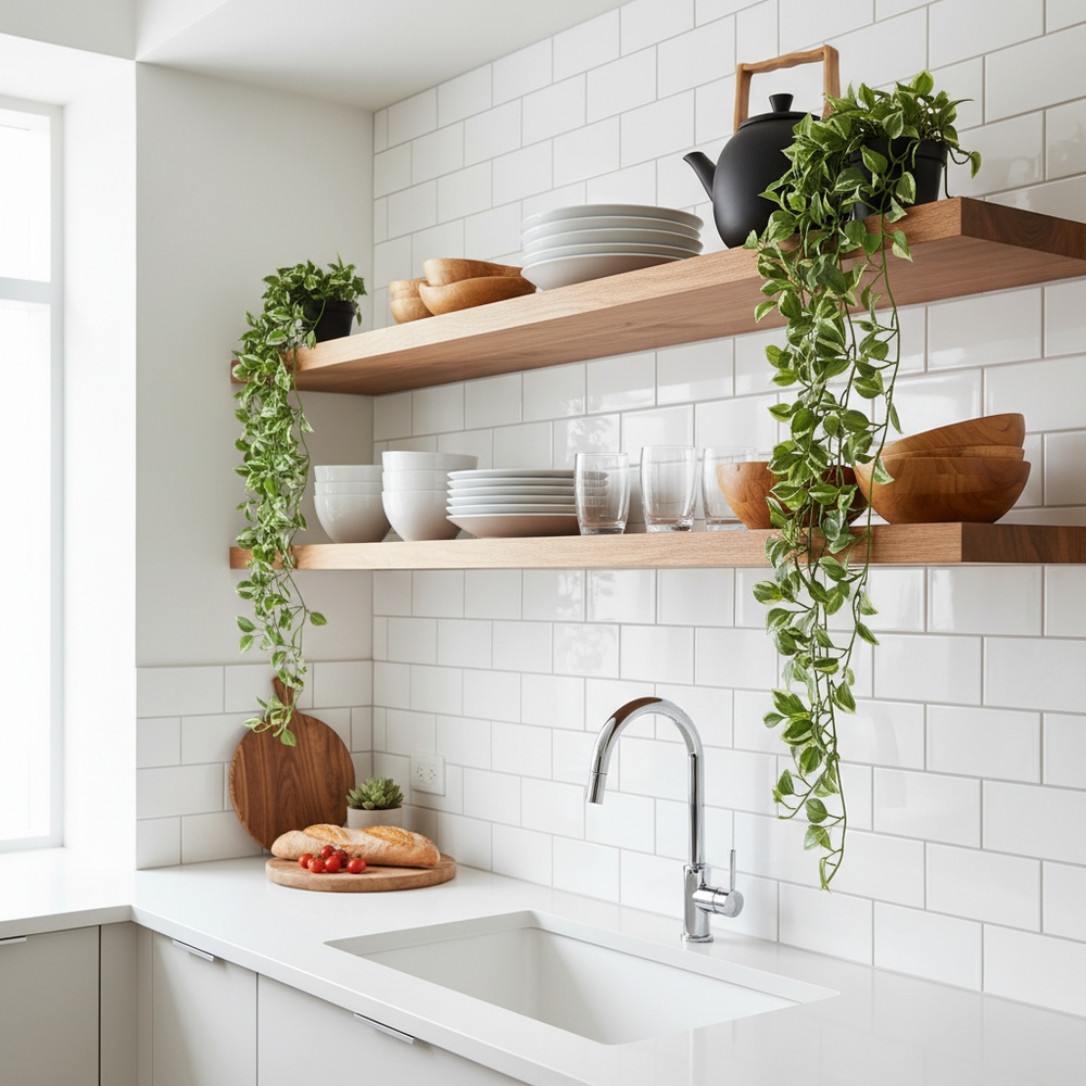 img of Open Shelving Success: How to Layer Faux Vines with Kitchenware